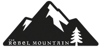 Black and white logo of 'The Rebel Mountain' with mountain and tree design.