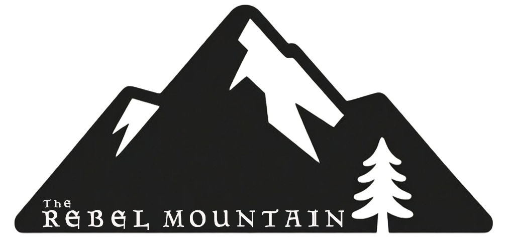 Black and white logo of 'The Rebel Mountain' with mountain and tree design.